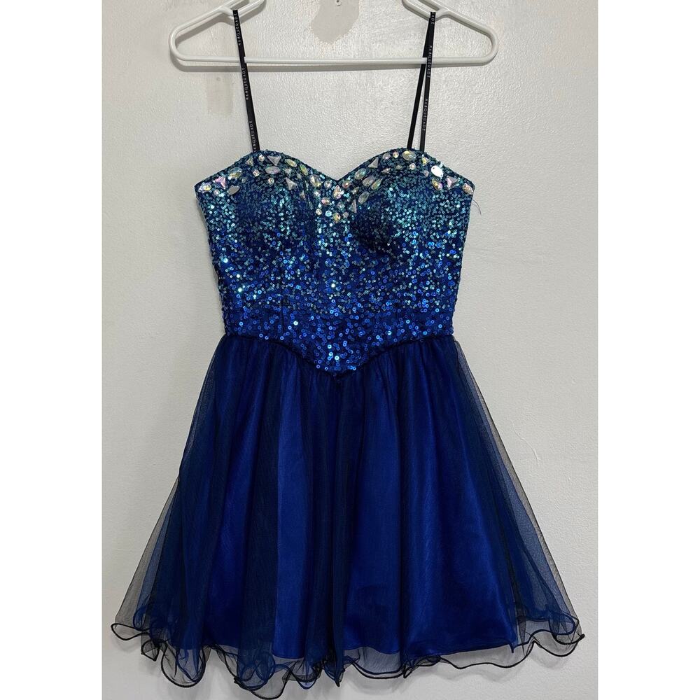 Masquerade Blue Sequin Tulle Mini Dress 3/4 Prom Homecoming
